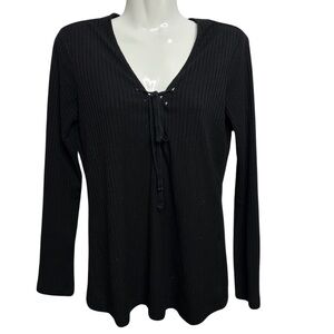 Brunette the Label | Black Ribbed Knit Lace up Long Sleeve Sweater XS/S
